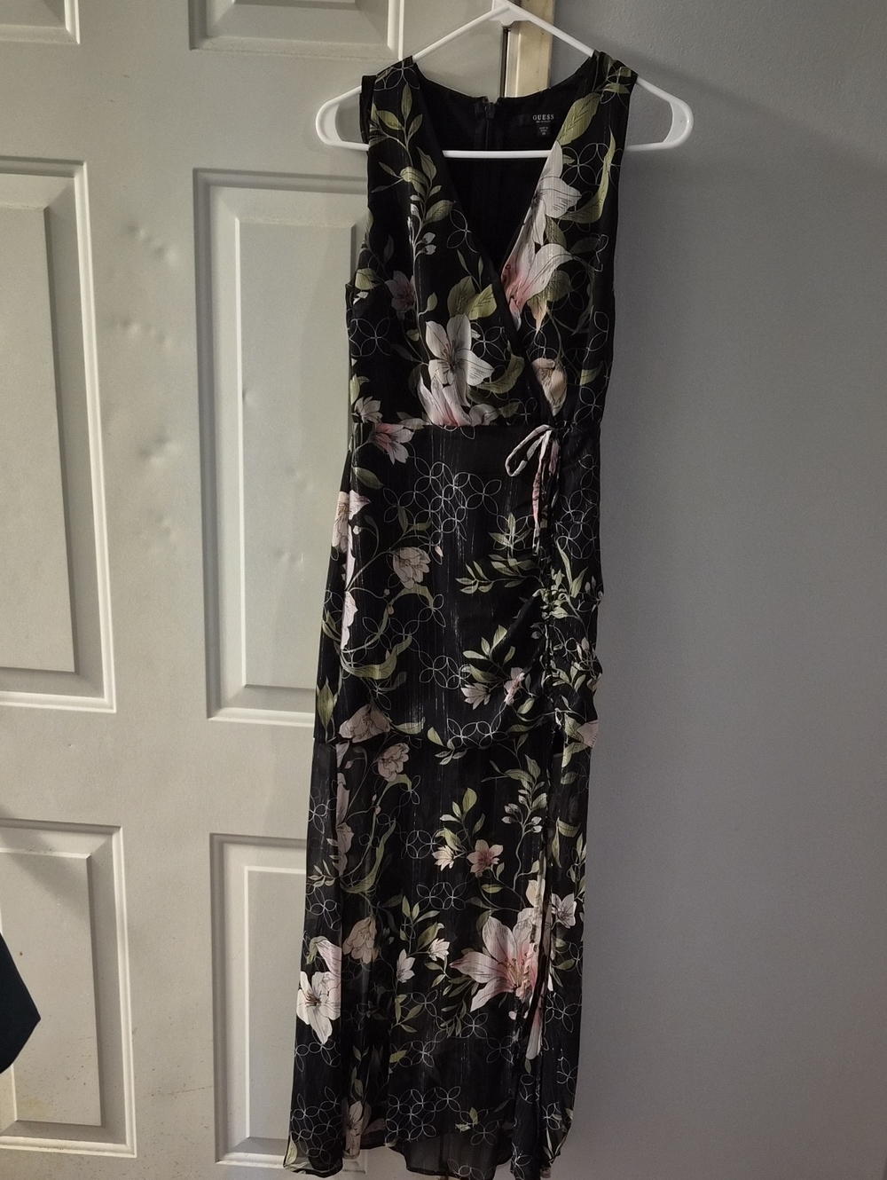 Guess Black Floral Wrap Maxi Dress with Pink and Cream Blooms